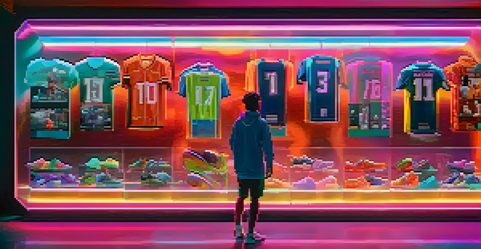 A young sports fan interacting with a holographic display of NFT collectibles featuring iconic sports moments.