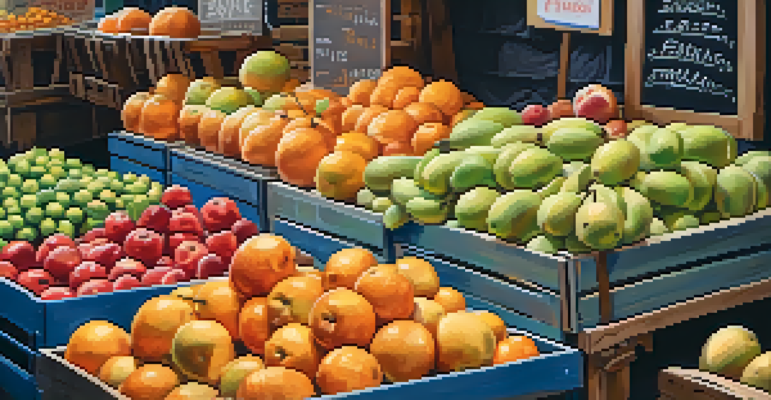 A colorful close-up of a fruit market stall with fresh fruits arranged in rustic crates under soft natural light.