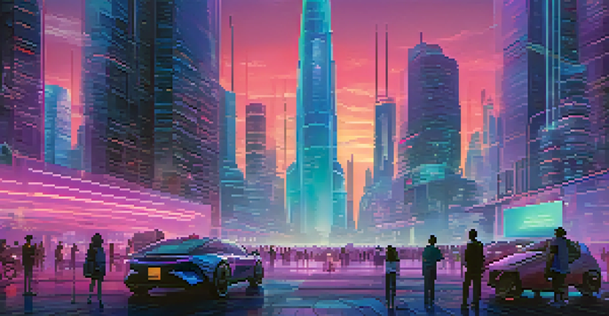 A futuristic city with skyscrapers illuminated by neon lights and people using digital interfaces.
