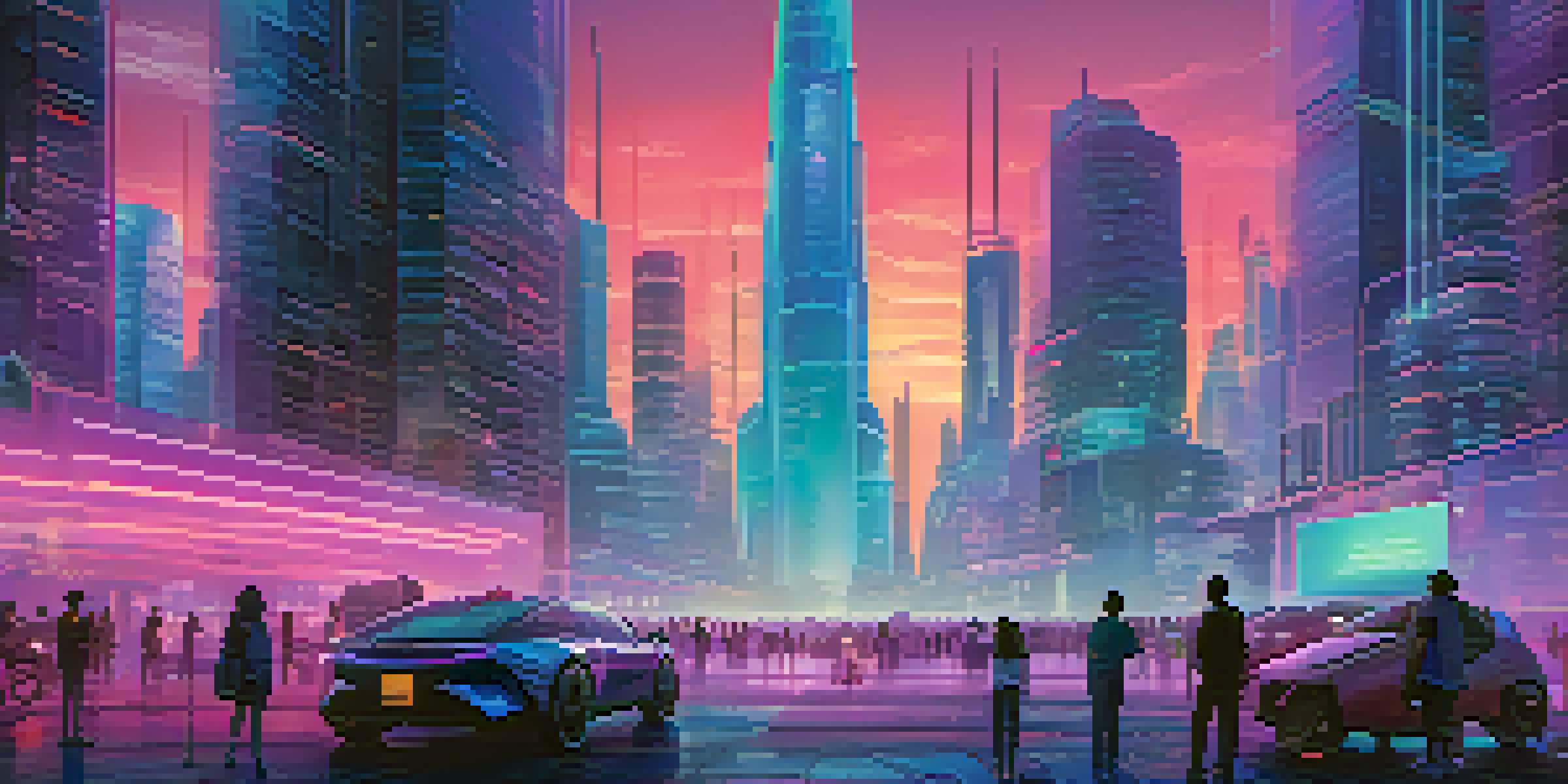 A futuristic city with skyscrapers illuminated by neon lights and people using digital interfaces.