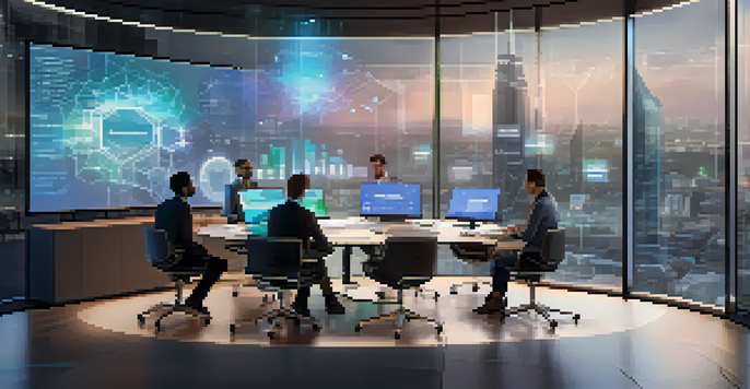 A modern office featuring a holographic display of smart contracts, with professionals discussing around a circular table and a city skyline in the background.