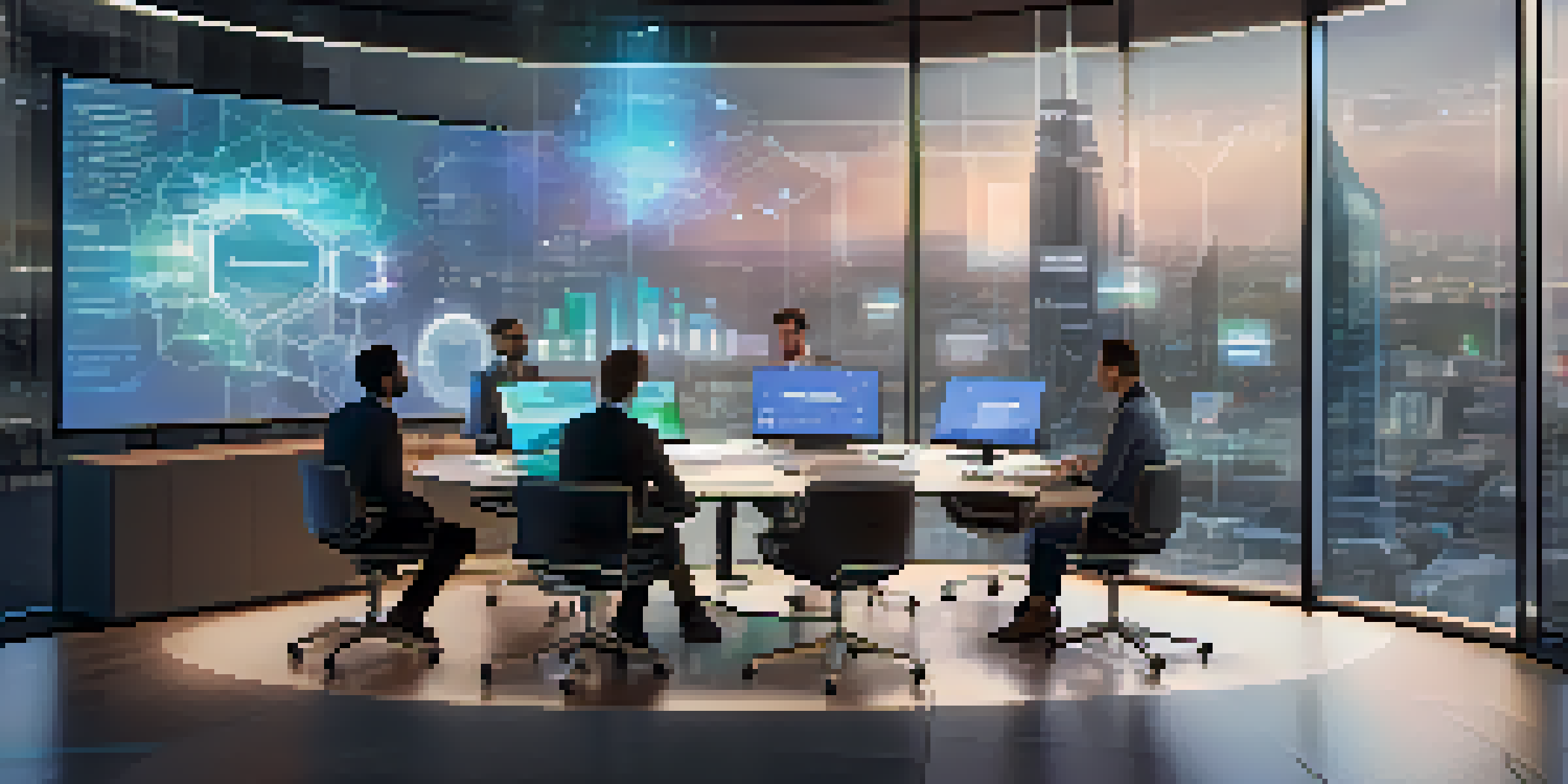A modern office featuring a holographic display of smart contracts, with professionals discussing around a circular table and a city skyline in the background.