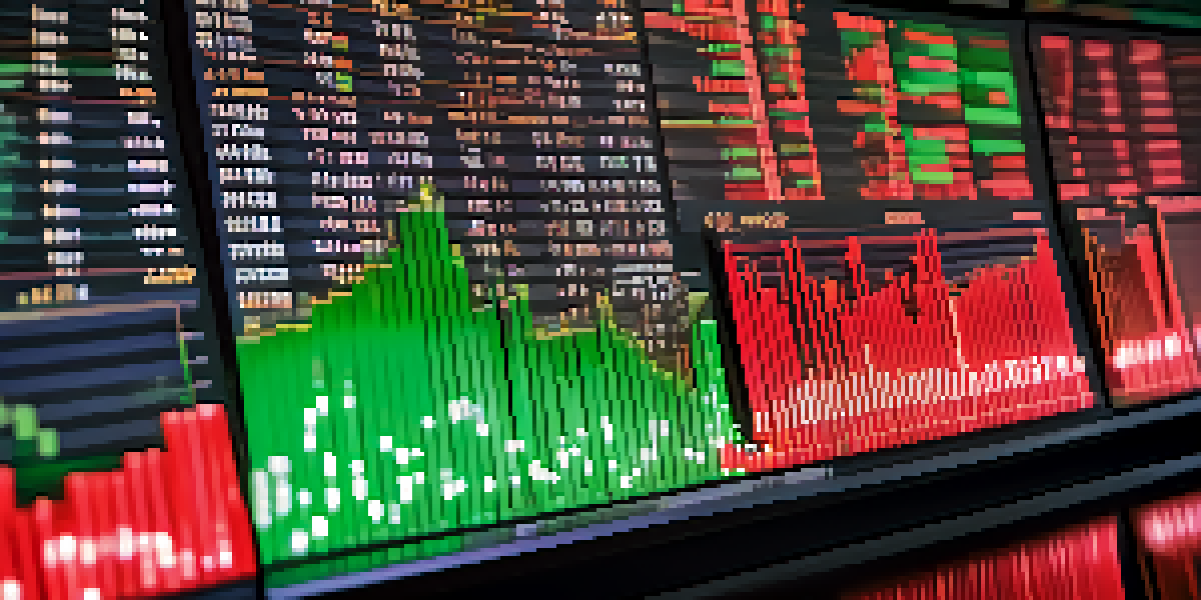 A close-up of a candlestick chart with green and red candles on a computer screen, set against a blurred modern trading desk.