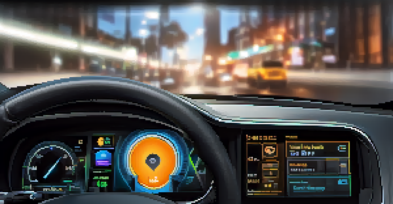 A close-up view of a car dashboard with a digital interface for tracking vehicle maintenance records, featuring bright graphics and alerts for service history and compliance.