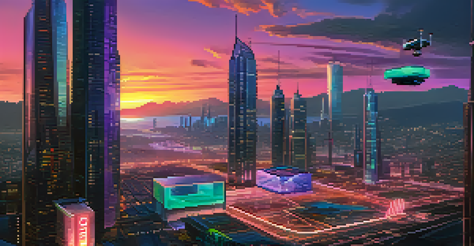A modern city at night, featuring bright skyscrapers and drones delivering equipment, symbolizing technological advancement in cryptocurrency mining.