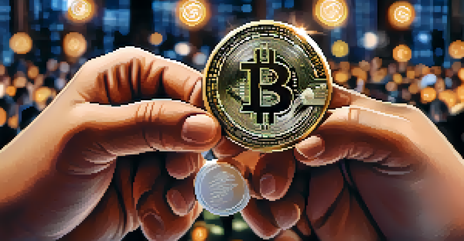 Hands holding a shiny cryptocurrency token at a busy conference, with attendees in the background.