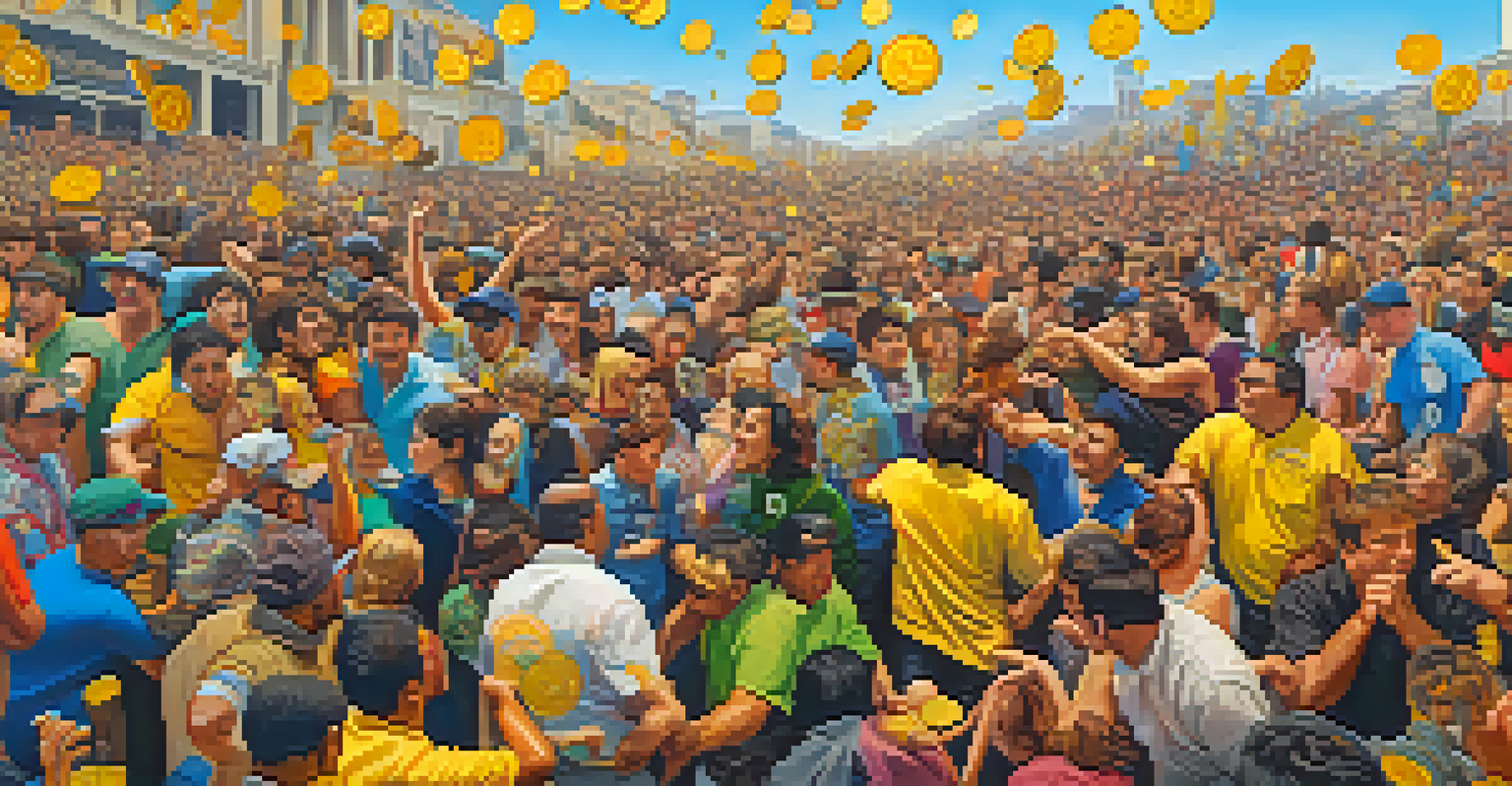 An abstract image illustrating fear and greed in cryptocurrency, with contrasting scenes of worry and celebration.