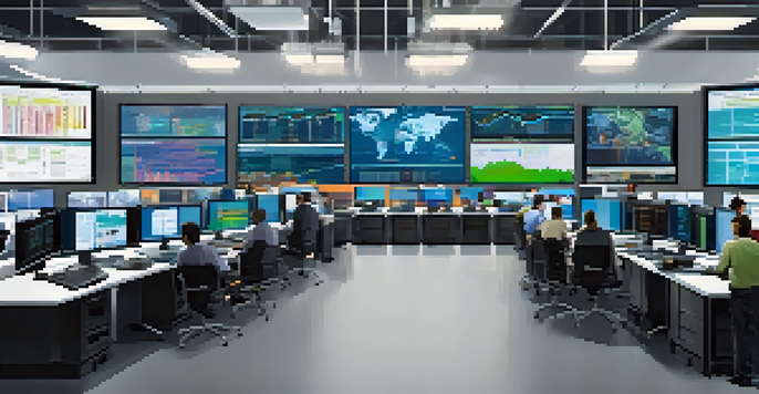 A modern supply chain control room with professionals collaborating and multiple screens showing real-time data.