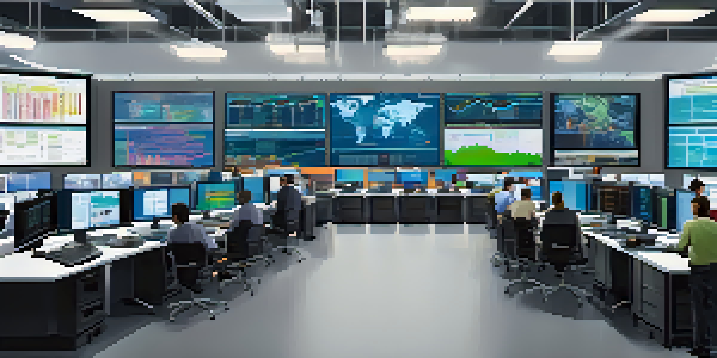 A modern supply chain control room with professionals collaborating and multiple screens showing real-time data.