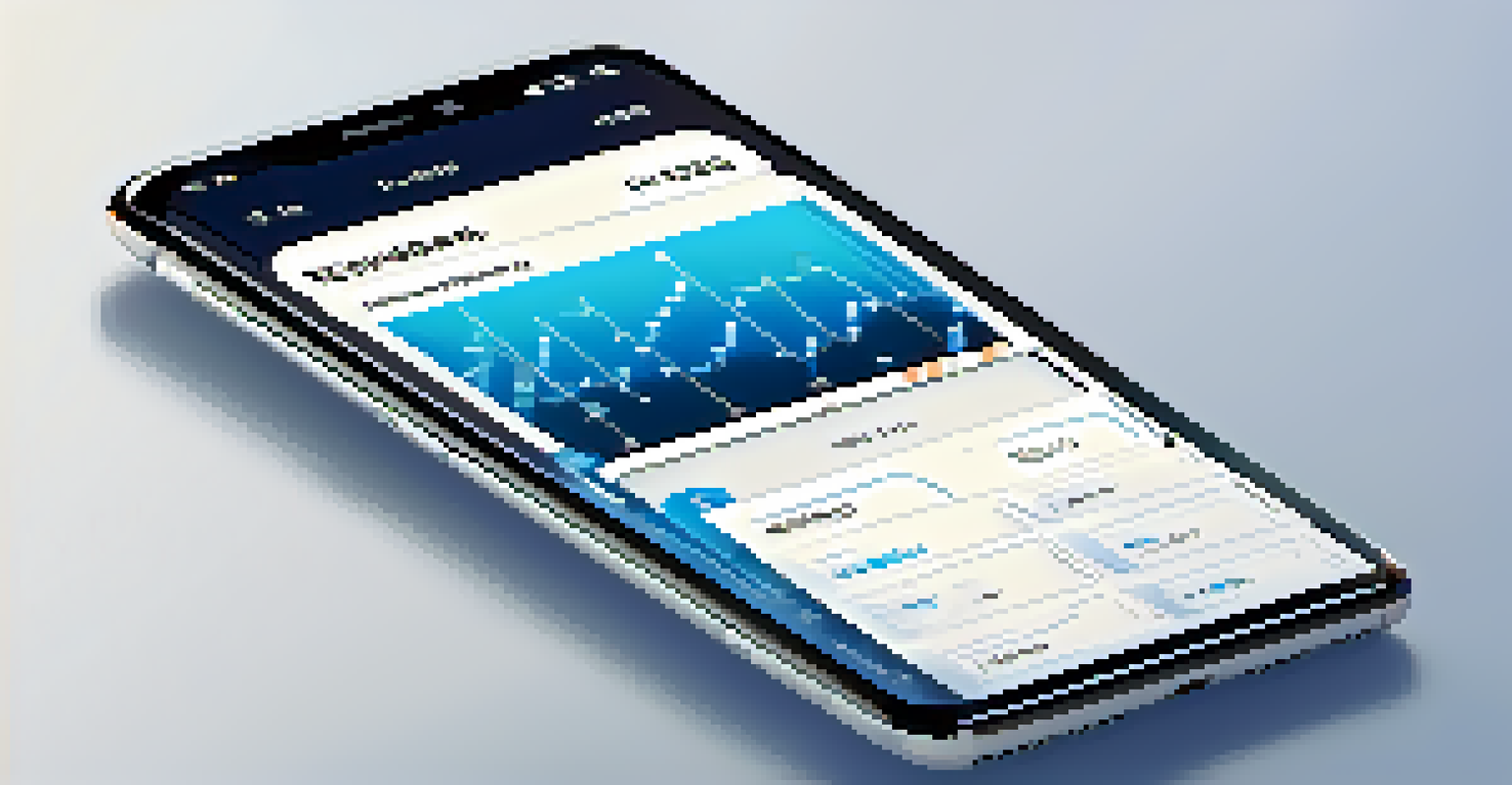 A smartphone showing a minimalistic cryptocurrency trading app with bold text and a blue gradient background.
