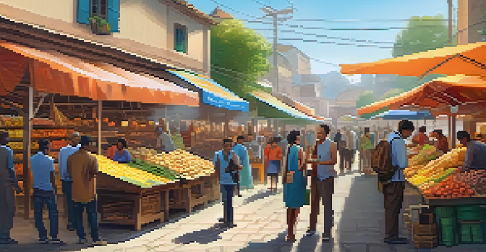 A lively rural marketplace filled with diverse people using smartphones for financial transactions, surrounded by colorful stalls and illuminated by warm sunlight.