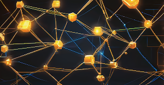 A digital illustration of a blockchain network with interconnected nodes representing various assets, illuminated against a dark blue background.