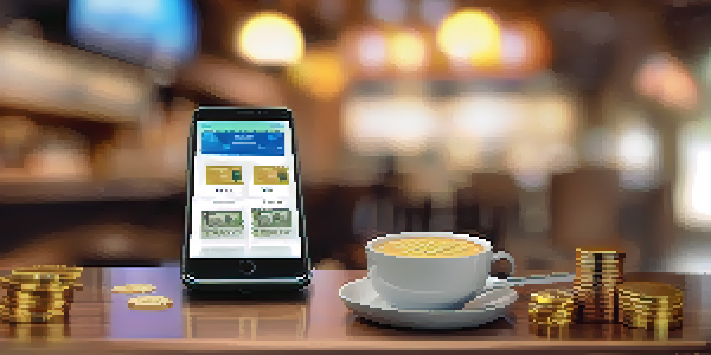A smartphone showing a digital wallet app with coins and cash around it in a cozy café.