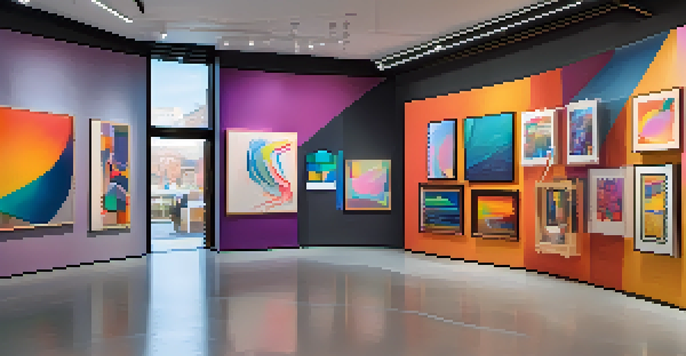 A digital art gallery filled with colorful abstract NFTs illuminated by soft ambient lighting, featuring modern architecture with large windows.