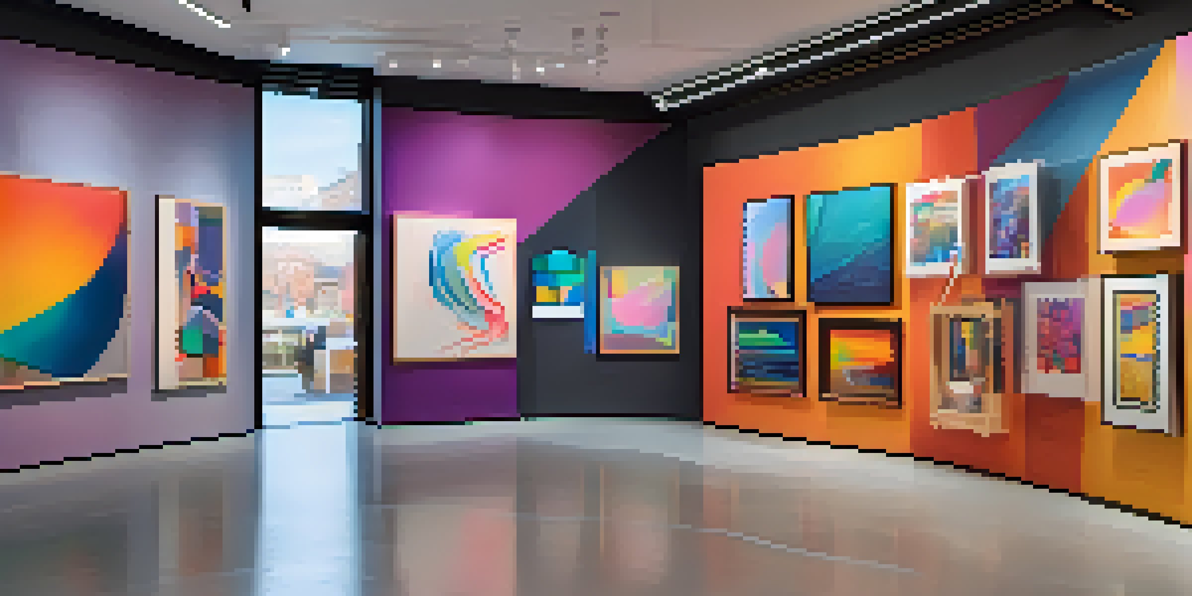 A digital art gallery filled with colorful abstract NFTs illuminated by soft ambient lighting, featuring modern architecture with large windows.