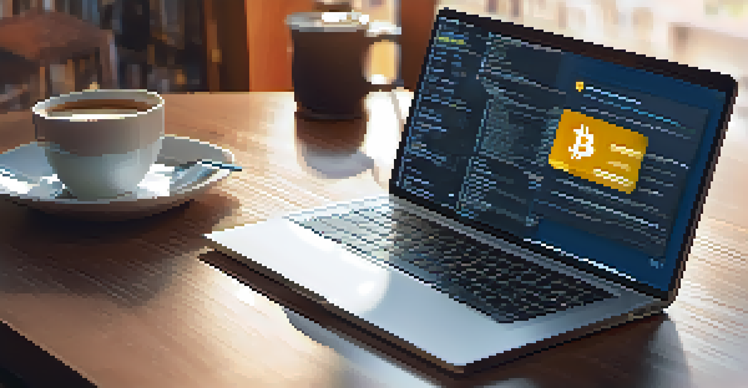 A person reading a privacy policy document related to cryptocurrency with a laptop in the background.