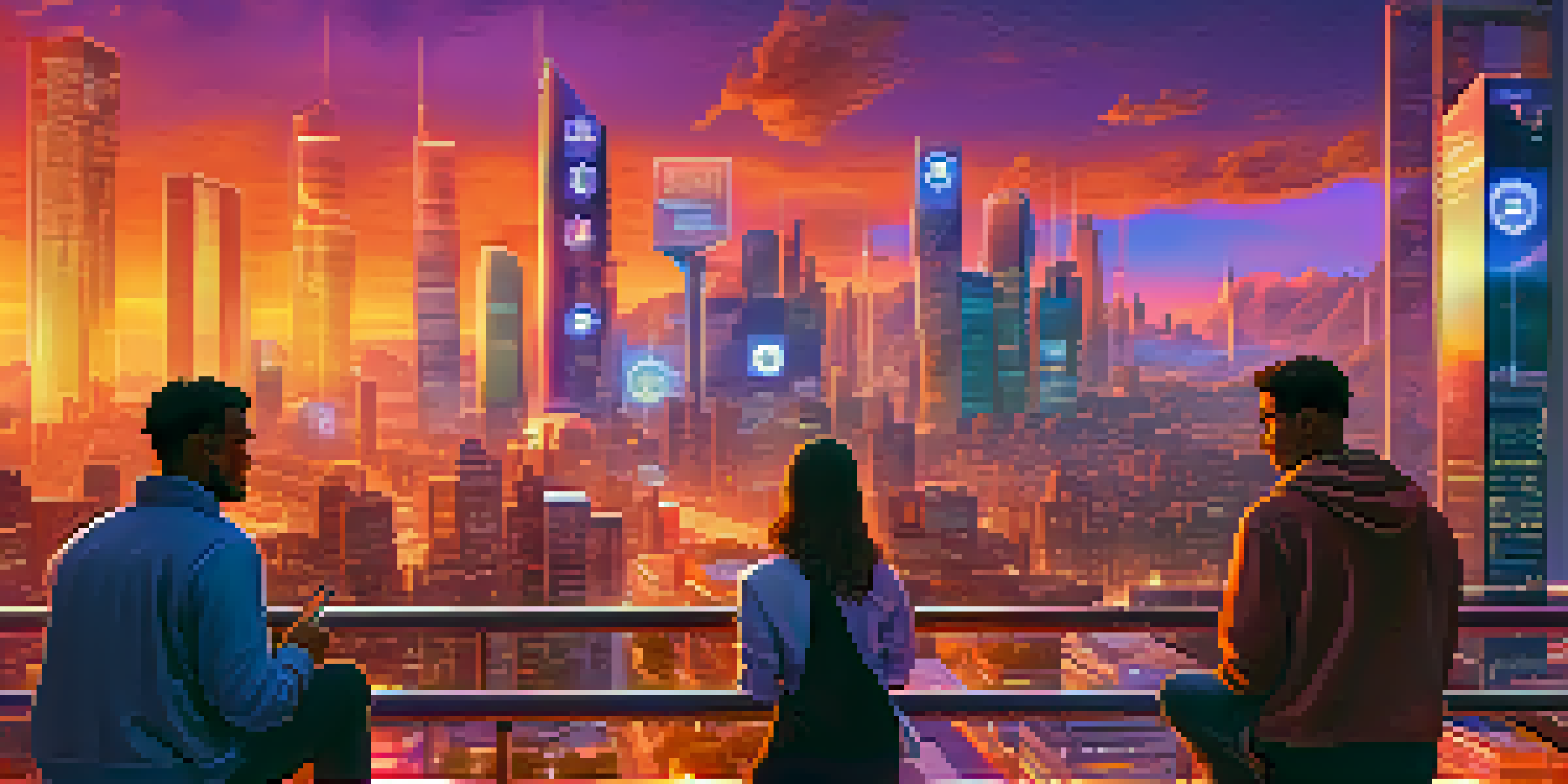 A vibrant city skyline during sunset with skyscrapers and digital billboards featuring cryptocurrency symbols, and people using mobile devices in the foreground.