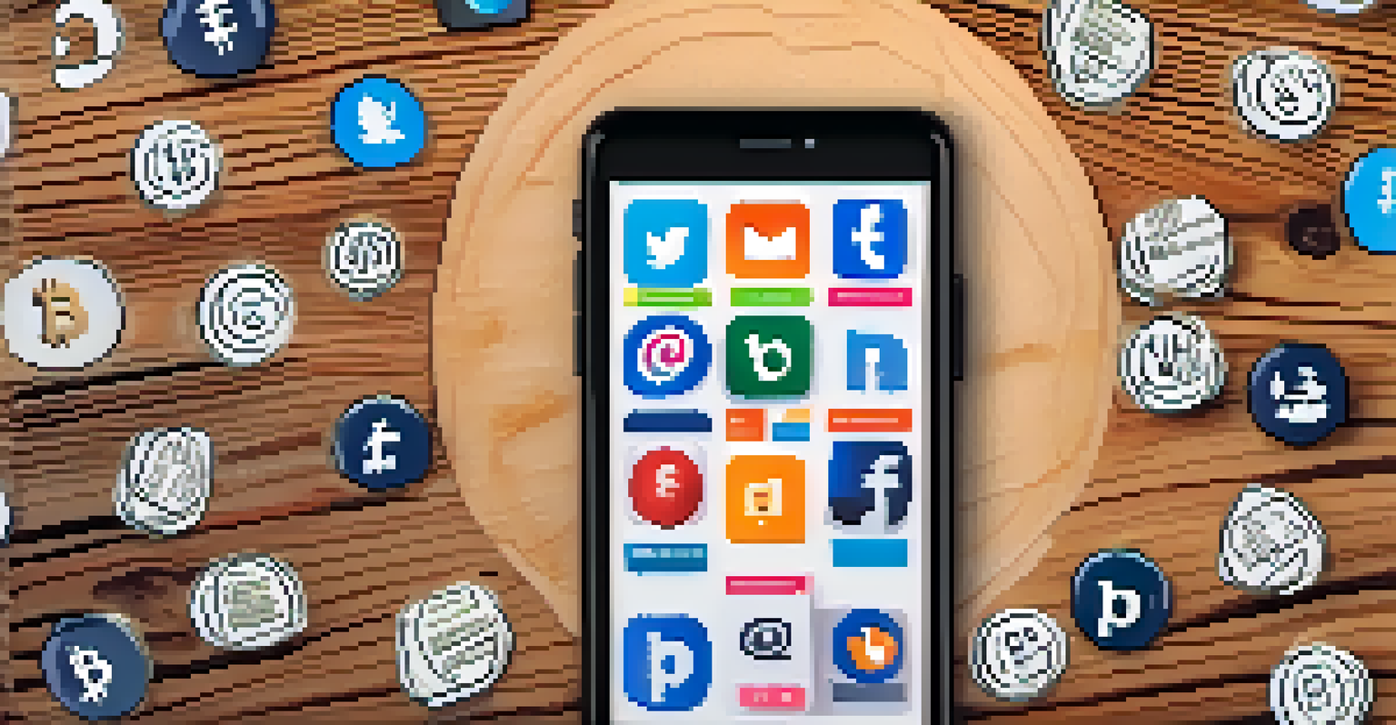 A smartphone shows a social media post by an influencer discussing cryptocurrency, with graphics of dollar signs and notifications.