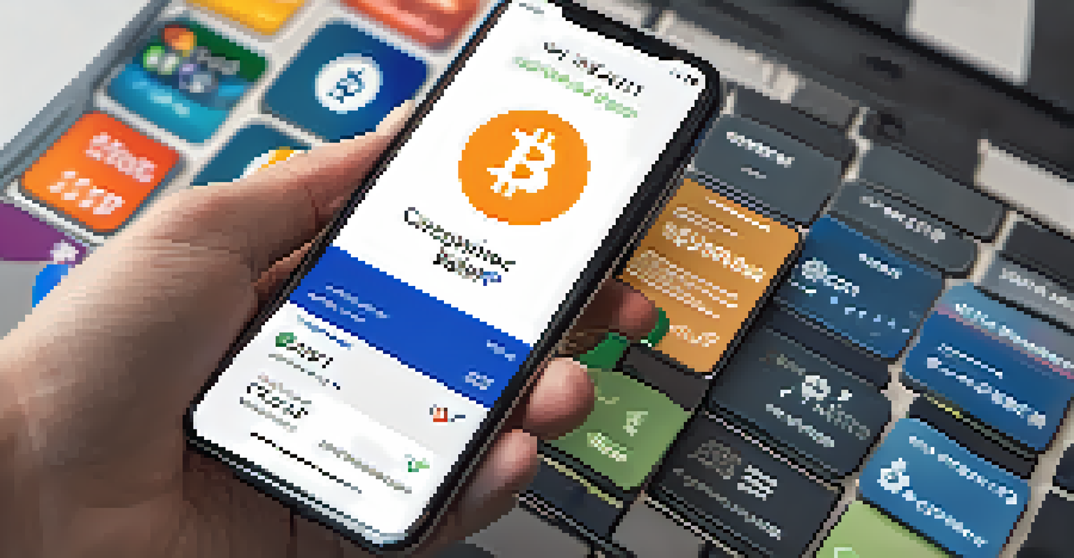 A close-up of a hand holding a smartphone with a digital wallet app showing cryptocurrencies, set in a modern office.
