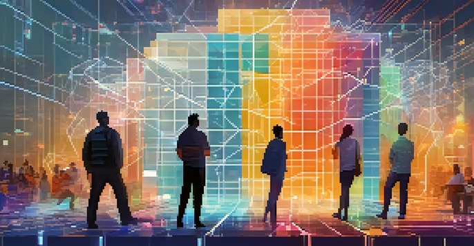 A digital representation of blockchain technology with interconnected blocks and colorful silhouettes symbolizing community pooling.
