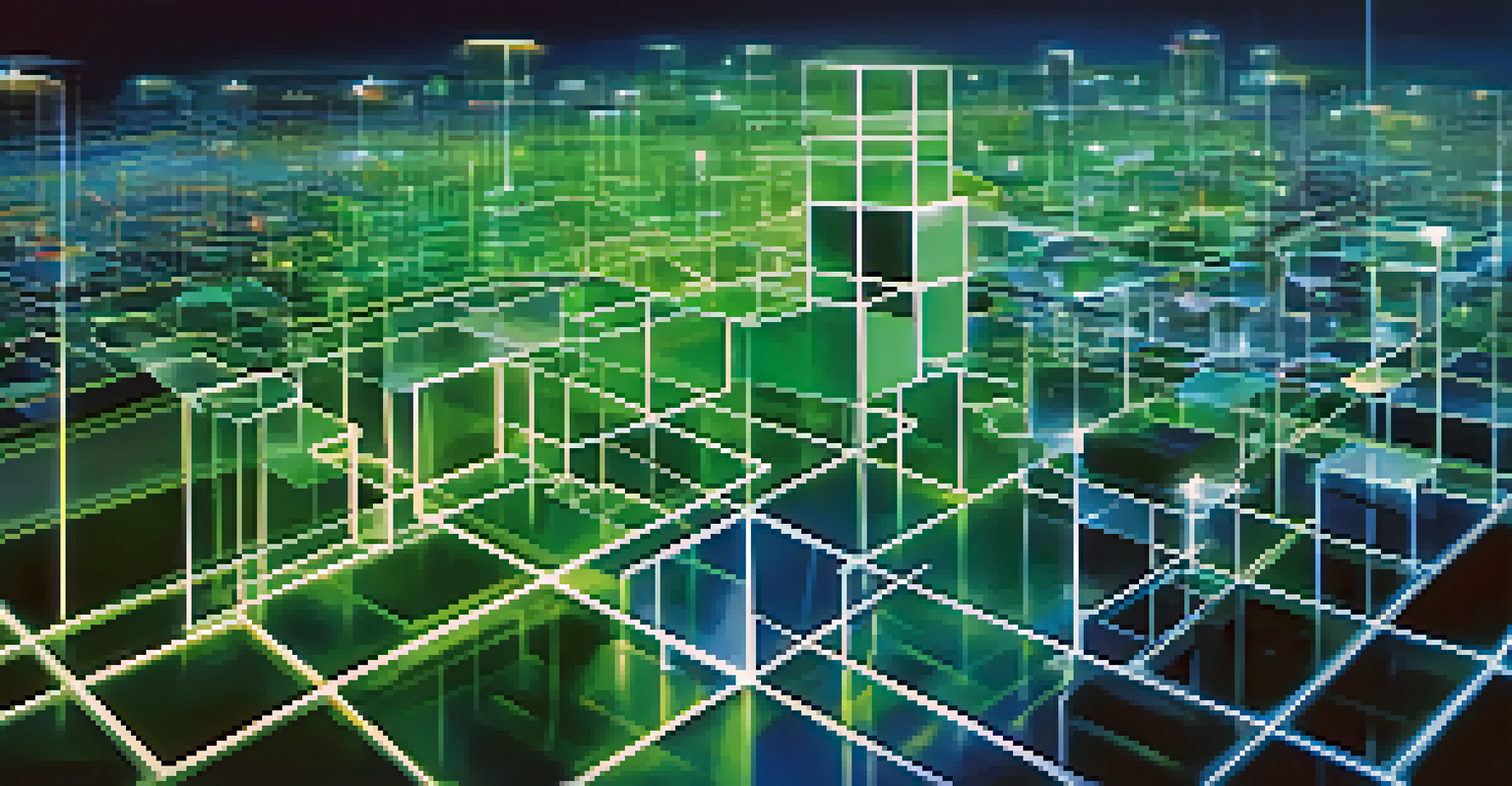 An abstract image of blockchain technology with interconnected blocks and glowing lines, set in a blue and green gradient background.