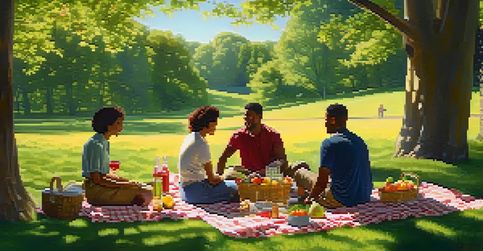 A diverse group of people having a picnic in a vibrant green park with wildflowers and trees, enjoying a sunny day.