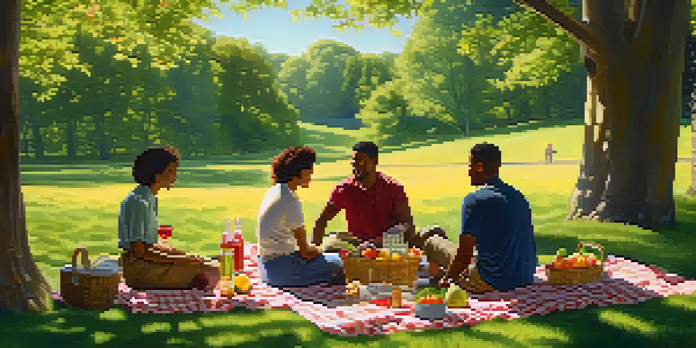 A diverse group of people having a picnic in a vibrant green park with wildflowers and trees, enjoying a sunny day.