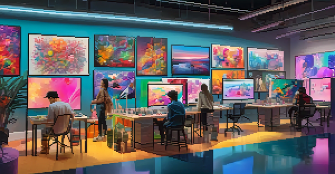 A digital art studio with artists discussing their colorful NFT artworks displayed on screens.