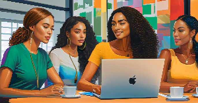 A group of diverse women collaborating in a bright conference room about cryptocurrency.