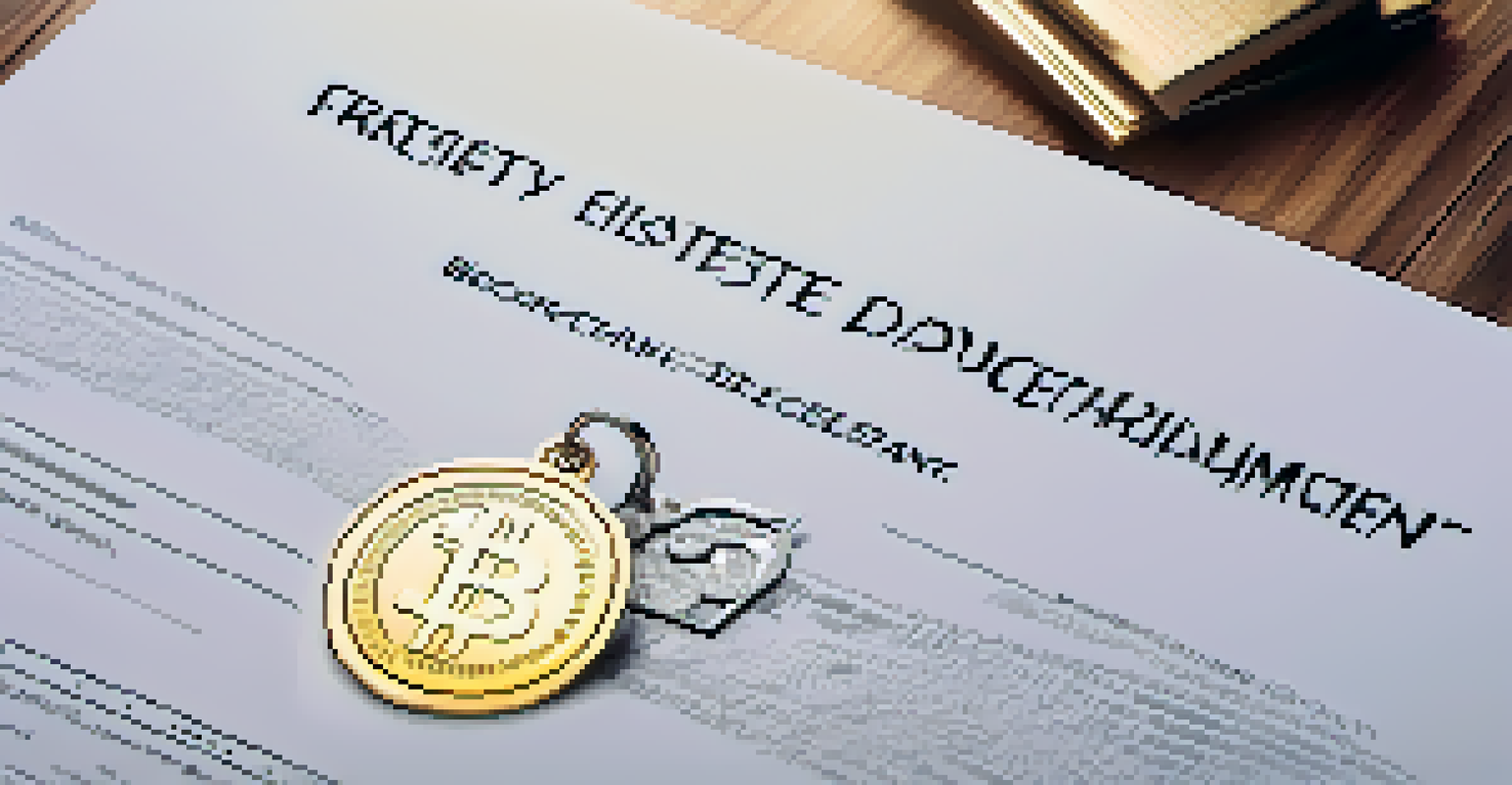 A close-up of a property title document with a blockchain symbol, set against a blurred background of a house and a key.