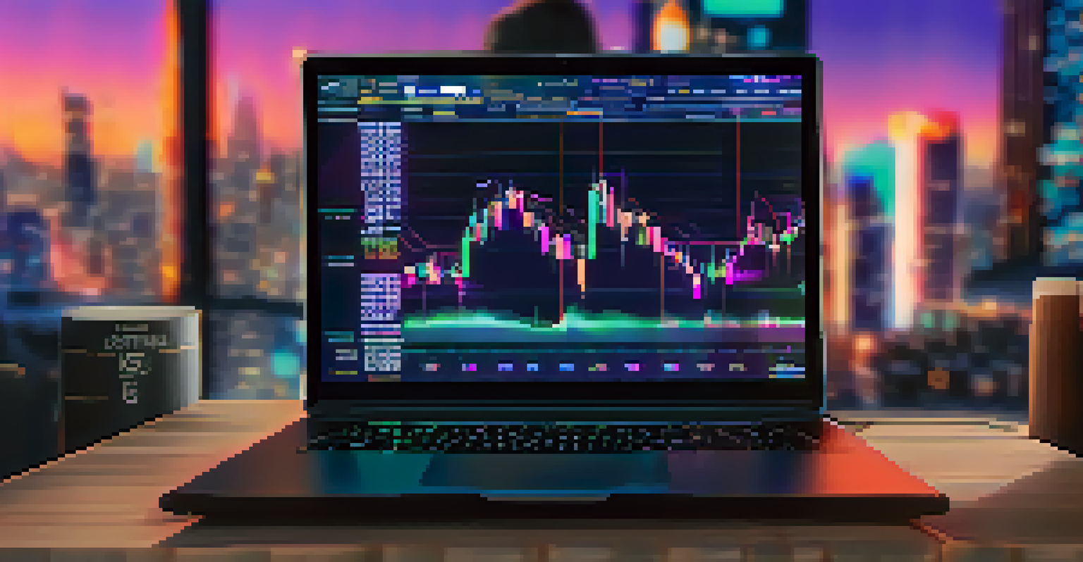 A close-up of a trader's hands on a keyboard, analyzing cryptocurrency charts on a laptop, with a blurred city skyline in the background.