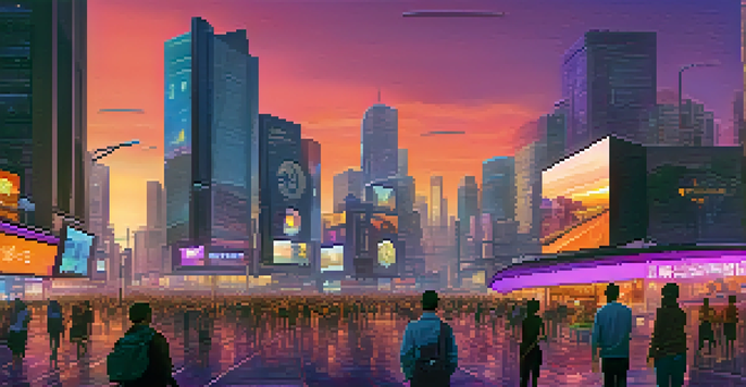 A city skyline at dusk, featuring both traditional and modern buildings, with a colorful sky and people on a busy street.