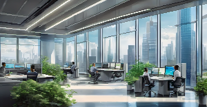 A diverse group of professionals in a modern corporate office analyzing financial data on digital screens with a city skyline view.