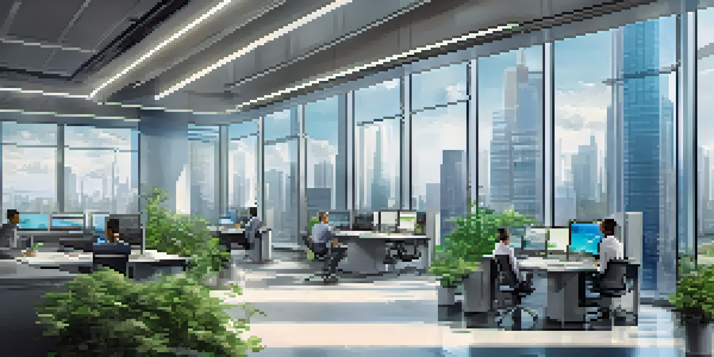 A diverse group of professionals in a modern corporate office analyzing financial data on digital screens with a city skyline view.