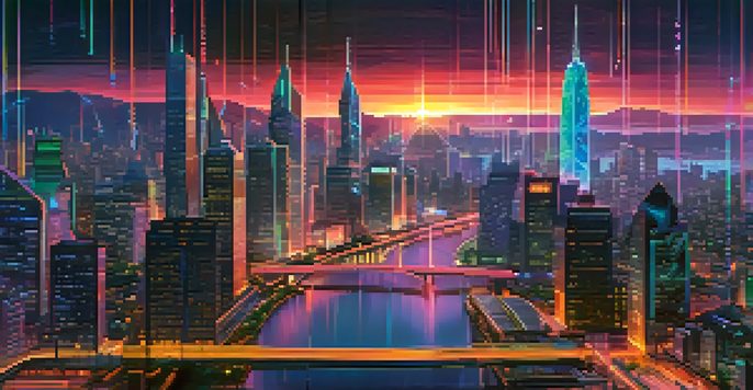 A futuristic cityscape at dusk with glowing bridges symbolizing interconnected blockchain networks, illuminated skyscrapers, and digital data streams.