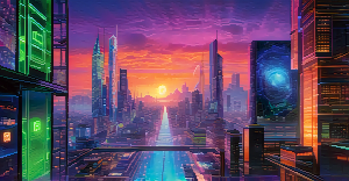 A futuristic city skyline with glowing buildings and holographic screens representing decentralized finance.