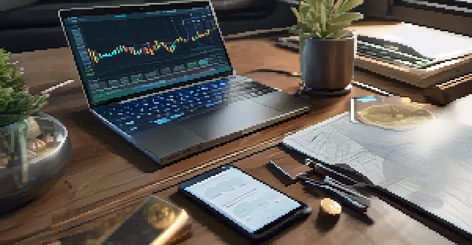 A close-up of a modern cryptocurrency wallet on a wooden desk, with a laptop showing cryptocurrency charts in the background, surrounded by scattered coins and a notepad.