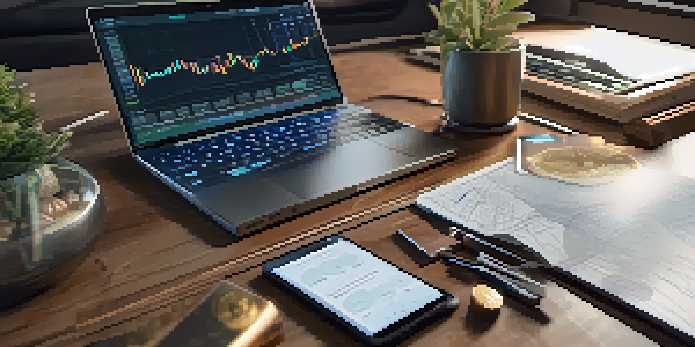 A close-up of a modern cryptocurrency wallet on a wooden desk, with a laptop showing cryptocurrency charts in the background, surrounded by scattered coins and a notepad.