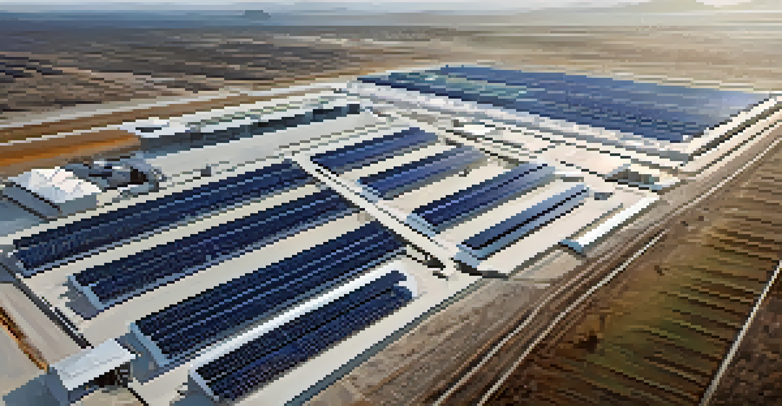 An aerial view of a cryptocurrency mining facility with rows of ASIC machines and solar panels outside, set in a green landscape.