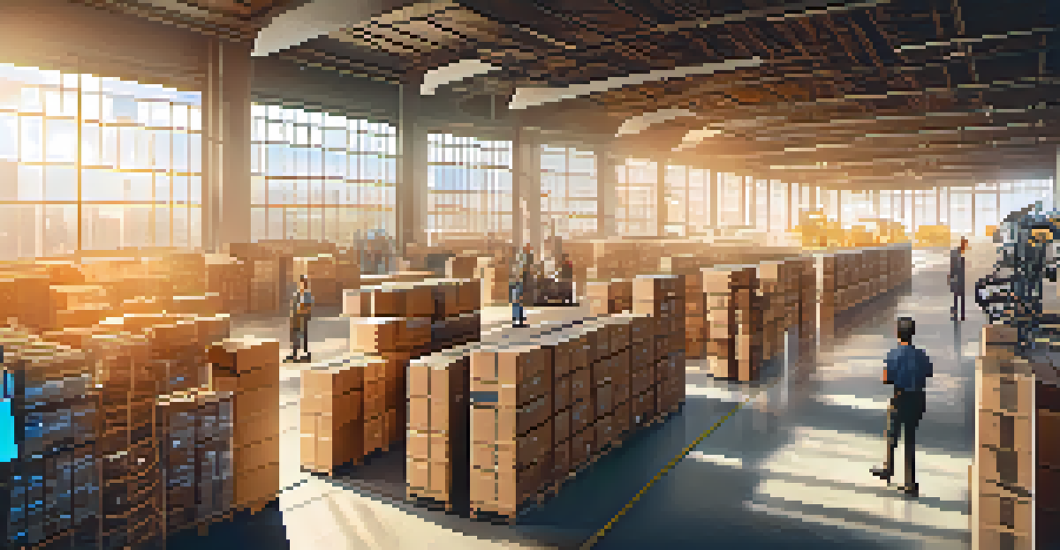 A warehouse scene showcasing automated robots and digital screens, representing a smart supply chain system with bright sunlight.