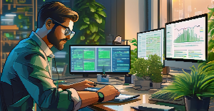 A focused smart contract auditor reviews blockchain code on multiple screens in a well-lit modern office.