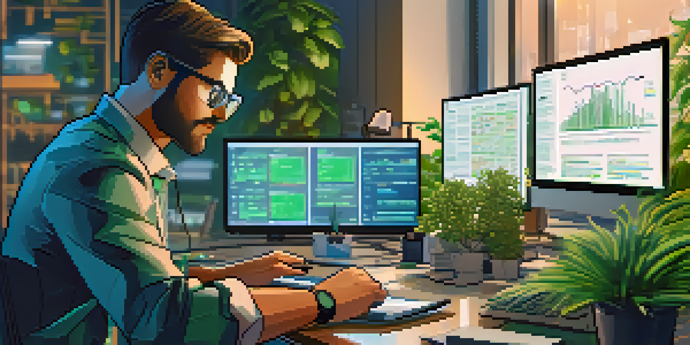 A focused smart contract auditor reviews blockchain code on multiple screens in a well-lit modern office.