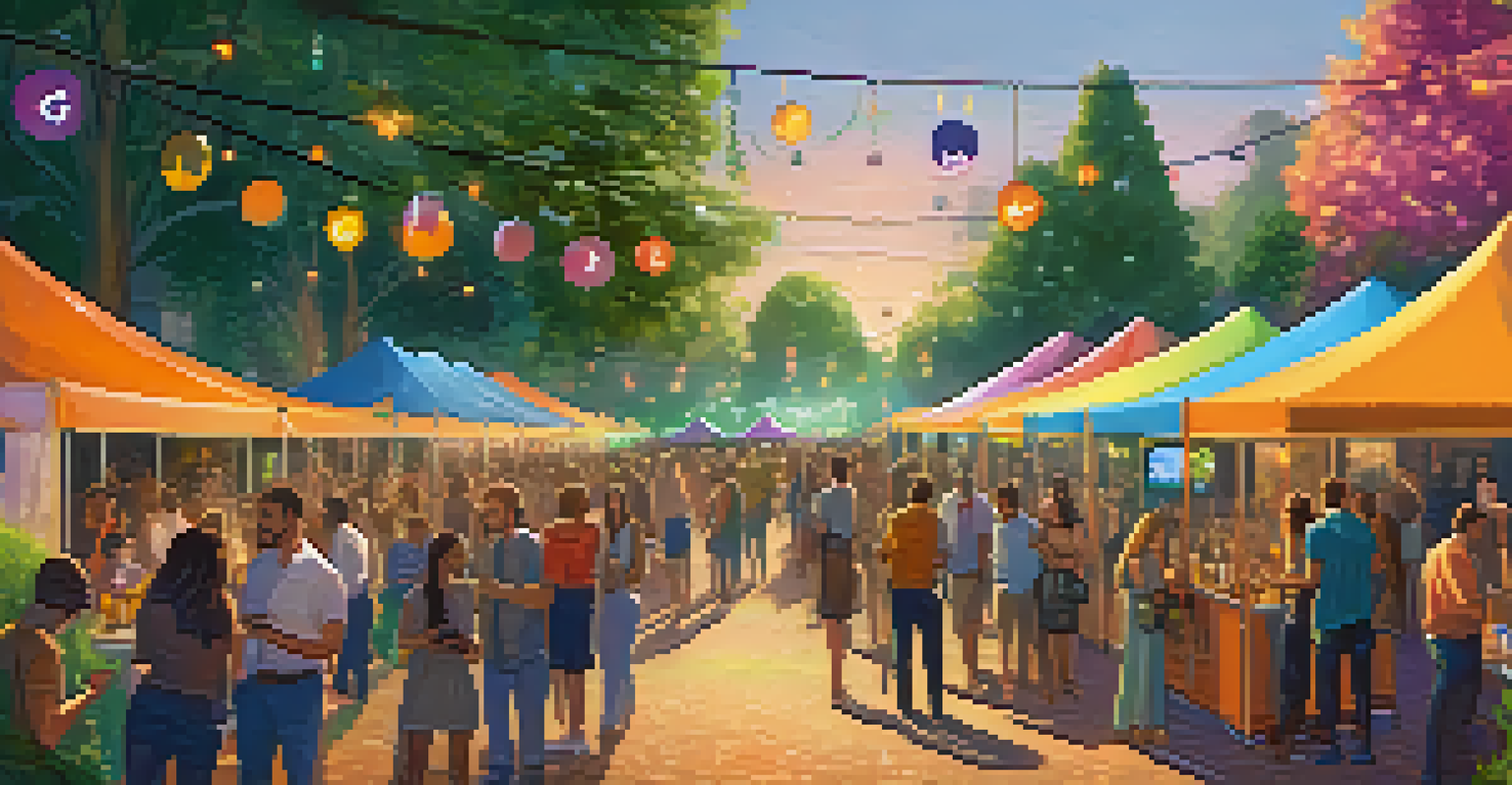An outdoor networking event for cryptocurrency, featuring diverse participants and promotional banners about inclusivity.