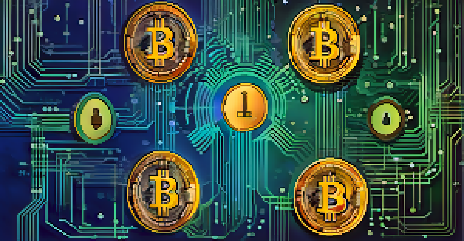 An abstract depiction of cryptocurrency regulations with a digital lock and various cryptocurrency coins, set against a blue and green gradient background.