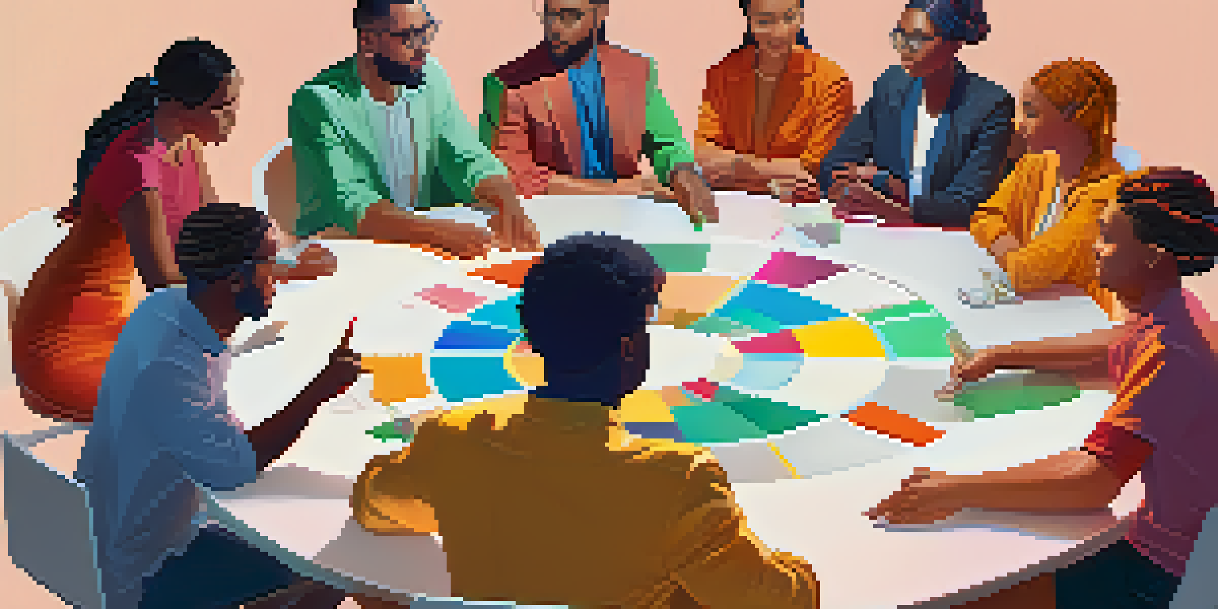 A diverse group of people sitting around a circular table discussing DAO governance, with digital screens showing voting results.