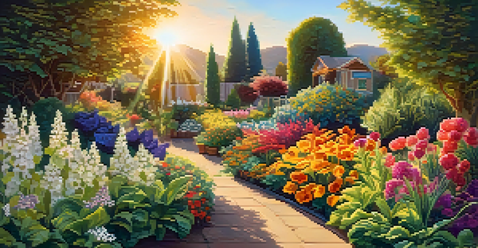 A colorful garden with various plants and flowers basking in golden sunlight, symbolizing growth and diversification.