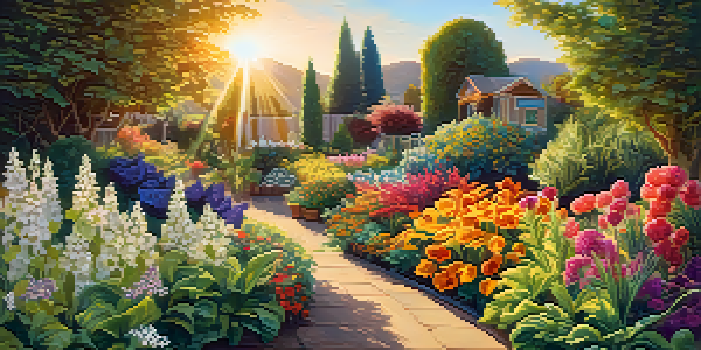 A colorful garden with various plants and flowers basking in golden sunlight, symbolizing growth and diversification.