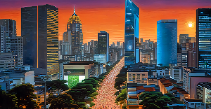 A colorful city skyline of São Paulo at dusk with illuminated skyscrapers and a busy street filled with people, featuring digital billboards about cryptocurrency.