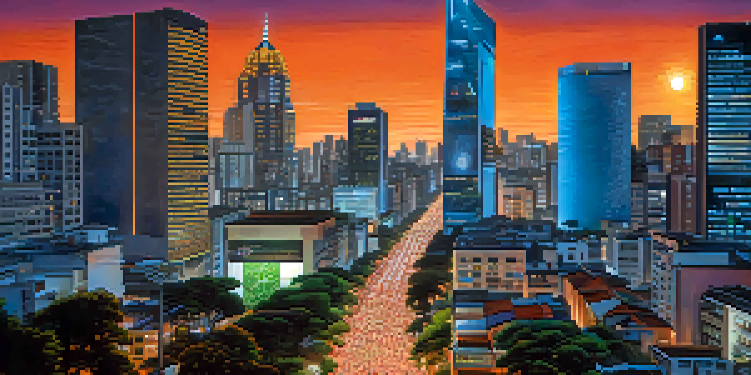 A colorful city skyline of São Paulo at dusk with illuminated skyscrapers and a busy street filled with people, featuring digital billboards about cryptocurrency.
