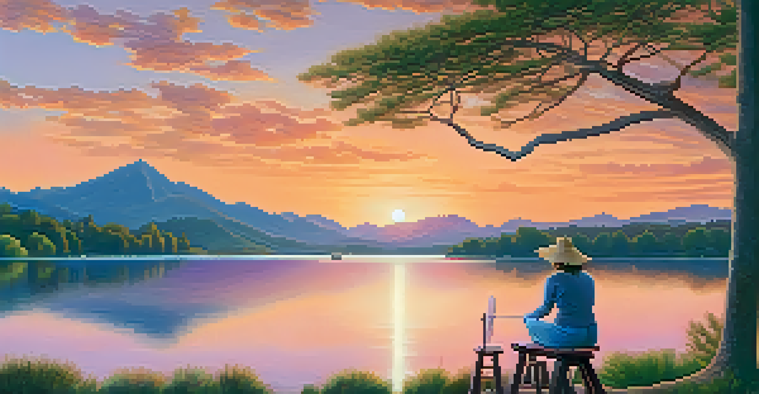 An artist painting a sunset over a calm lake, surrounded by trees and mountains, in a peaceful outdoor setting.